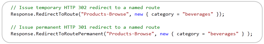 Фрагменты кода ниже демонстрируют, как создавать временные и постоянные перенаправления на именованные маршруты (которые принимают параметр категории), зарегистрированные в системе маршрутизации URL