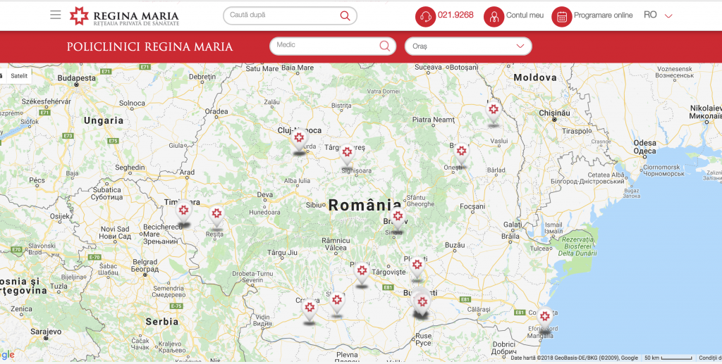Вот пример из одной из лучших частных клиник в Румынии, где они использовали собственную карту Google для отображения всех своих местоположений в стране