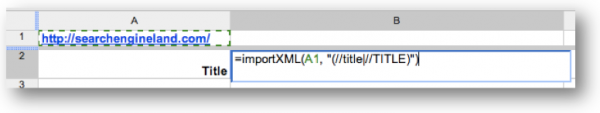 В ячейку B2 введите точный текст: = importXML (A1, «(// title | // TITLE)»)