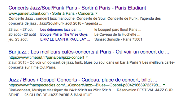 Например, если вы ищете paris jazz концерт, вы увидите следующие результаты поиска: