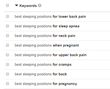 Компанія матраців може націлювати будь-який з цих ключових слів, щоб створити всебічний контент, який допомагає, наприклад, вагітним жінкам добре спати