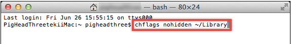 Введіть “chflags nohidden ~ / Library” у термінал (без лапок) і натисніть “Return” на клавіатурі, щоб запустити команду