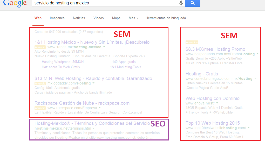 Сайти, що знаходяться під платною кампанією, відображаються з невеликим жовтим знаком із написом ad і до результатів пошуку, а також у смузі з правого боку;  сайти з органічним позиціонуванням відображаються нижче, як на цьому зображенні